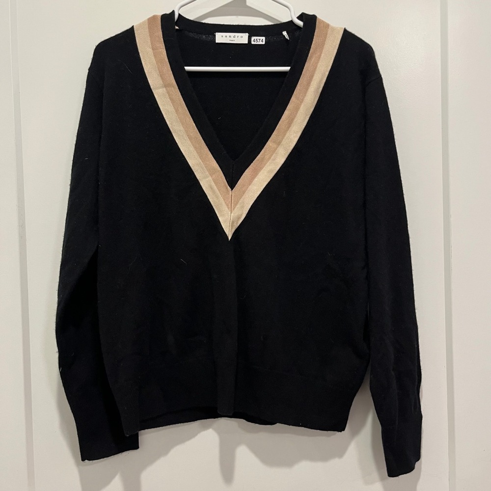 Sandro Paris Black V-Neck Knit Sweater Tan Striped Trim SFPP U01338-20